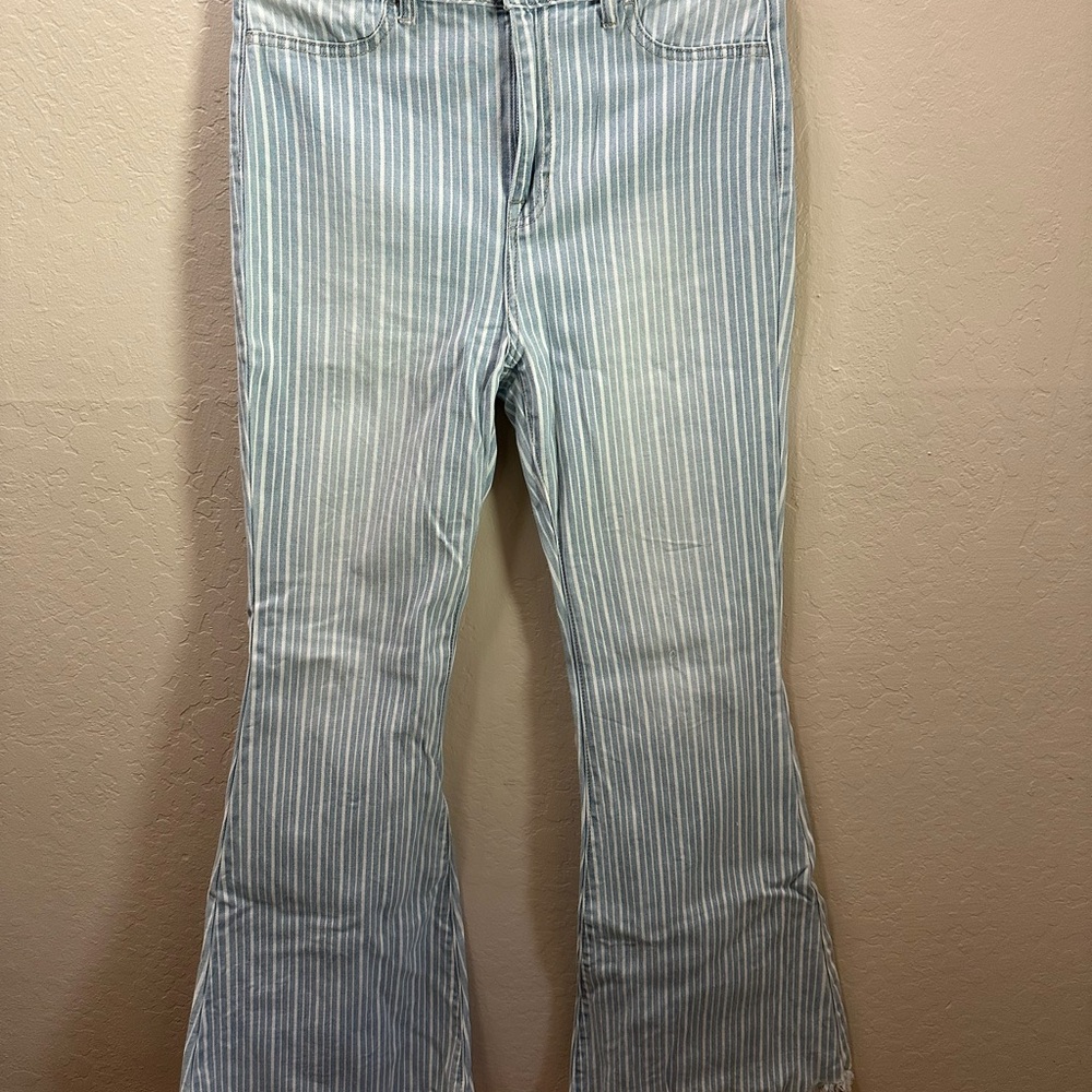 Blue and White Striped Flare Pants